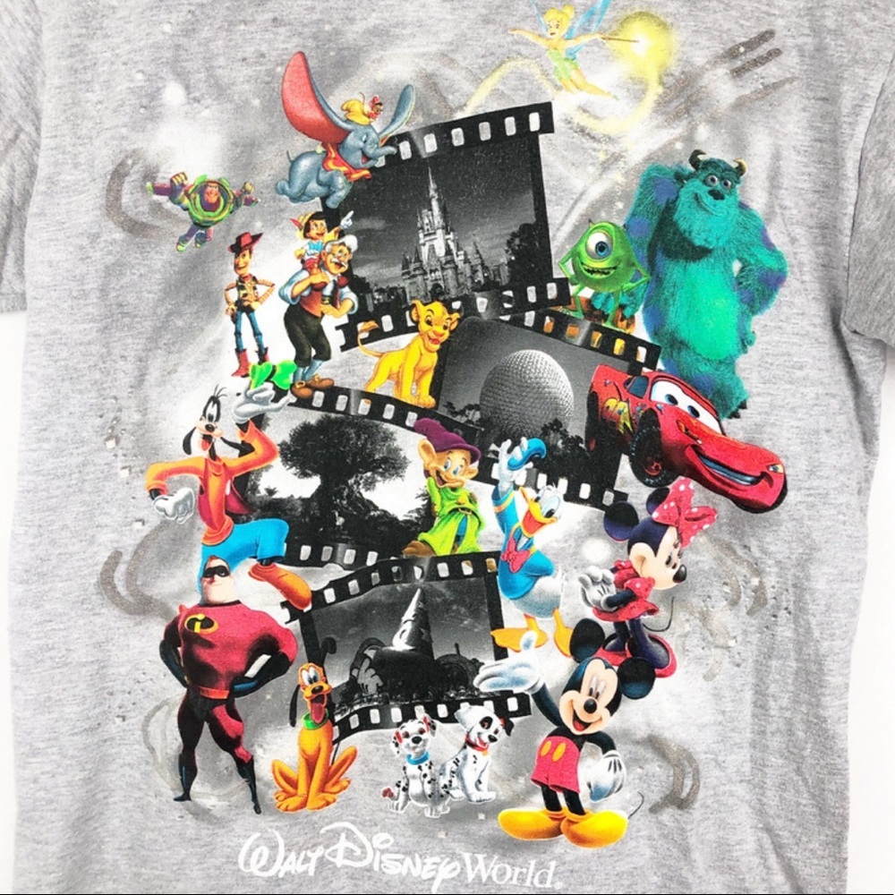 Walt Disney World Gray Graphic T Shirt Women's All Over Characters Movie Film - Picture 8 of 14